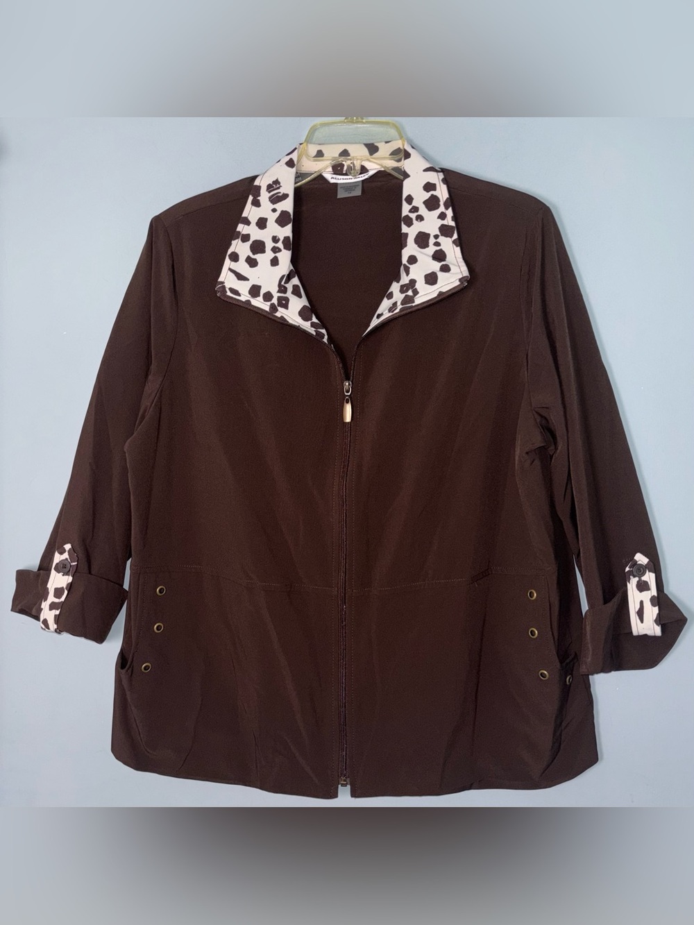 Allison Daley Women’s 14 Brown Full Zip Jacket with Contrast Animal-Print Collar
